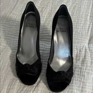 Stuart Weitzman Black Satin Peep-Toe Knot Pumps
